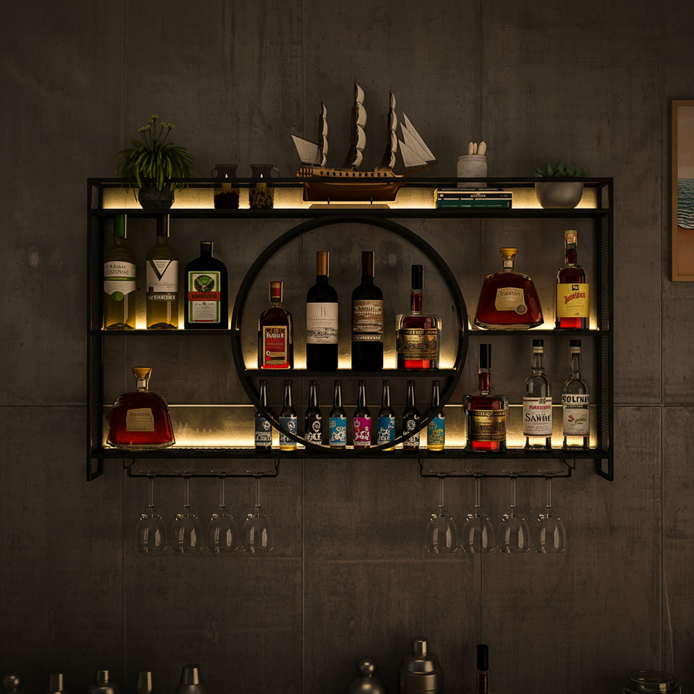 Wine Rack Wall Mounted 3 Tier Metal Floating Shelves For Kitchen With LED Light Hanging Floating Bar Liquor Bottles Bar Wall Shelves Liquor Bar Display Shelf For Home Bars Kitchen(Black100x80x15c