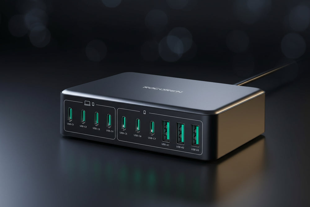 400W USB C Charger Block Rocoren 10-Ports USB C Charging Station for Multiple DevicesPD 100W Gan Fast Charger Station Desktop Multi USBC Charging Hub Dock for Laptop MacBook HP iPad iPhone Samsung