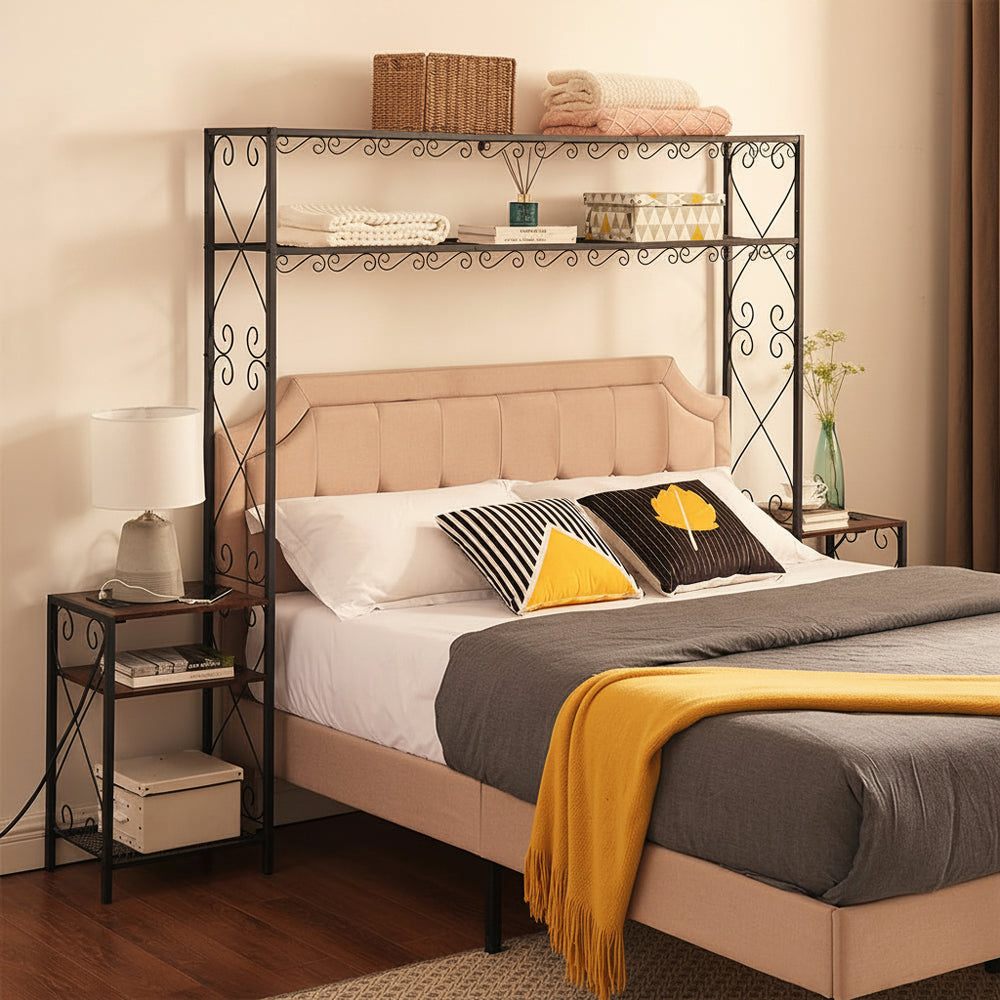 Queen Size Metal Storage Headboard,with Charging Stations,2 Nightstands And Storage Shelves,for Bedroom