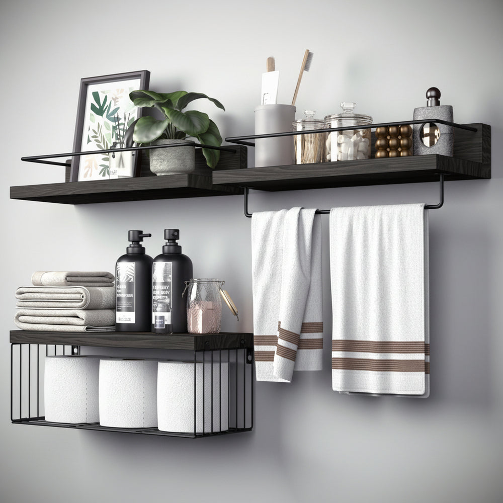 PopiShelves Bathroom Shelves Over Toilet for Wall Floating Shelves with Storage Basket Paper Holer for Kitchen Living Room Bedroom & Classroom Set of 3 (Black)