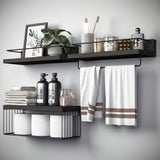 PopiShelves Bathroom Shelves Over Toilet for Wall Floating Shelves with Storage Basket Paper Holer for Kitchen Living Room Bedroom & Classroom Set of 3 (Black)