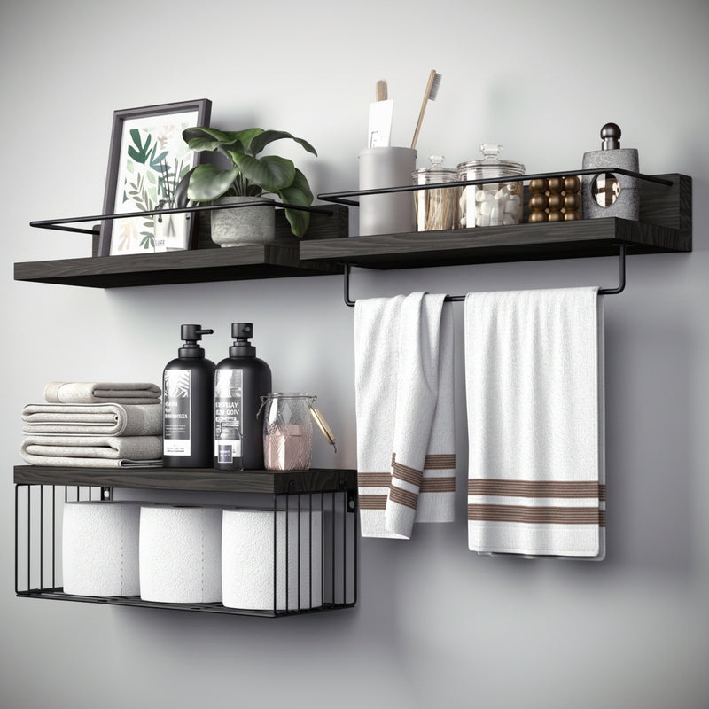 PopiShelves Bathroom Shelves Over Toilet for Wall Floating Shelves with Storage Basket Paper Holer for Kitchen Living Room Bedroom & Classroom Set of 3 (Black)