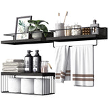 PopiShelves Bathroom Shelves Over Toilet for Wall Floating Shelves with Storage Basket Paper Holer for Kitchen Living Room Bedroom & Classroom Set of 3 (Black)