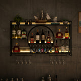 Wine Rack Wall Mounted 3 Tier Metal Floating Shelves For Kitchen With LED Light Hanging Floating Bar Liquor Bottles Bar Wall Shelves Liquor Bar Display Shelf For Home Bars Kitchen(Black100x80x15c