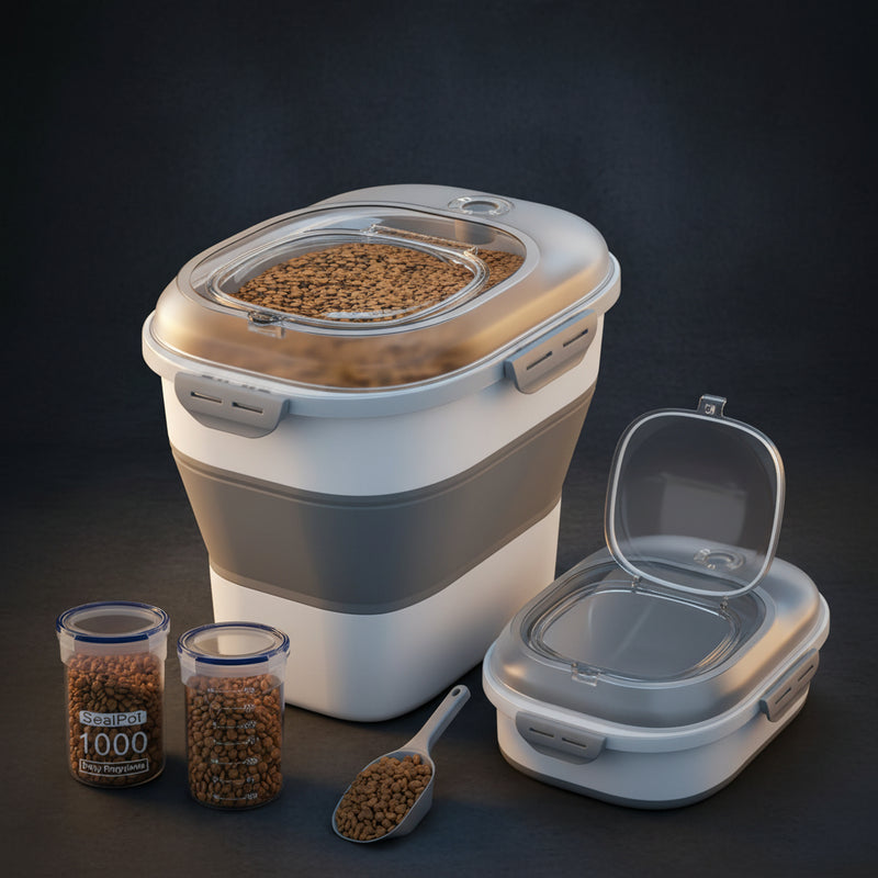 DDMOMMY 32-35 Lbs Dog Food Storage ContainerCollapsible Dog Food Container with Transparent Airtight LidWheelsDate TrackPet Food Storage Container for RiceFlourSugarScoop And 2PCS Containers