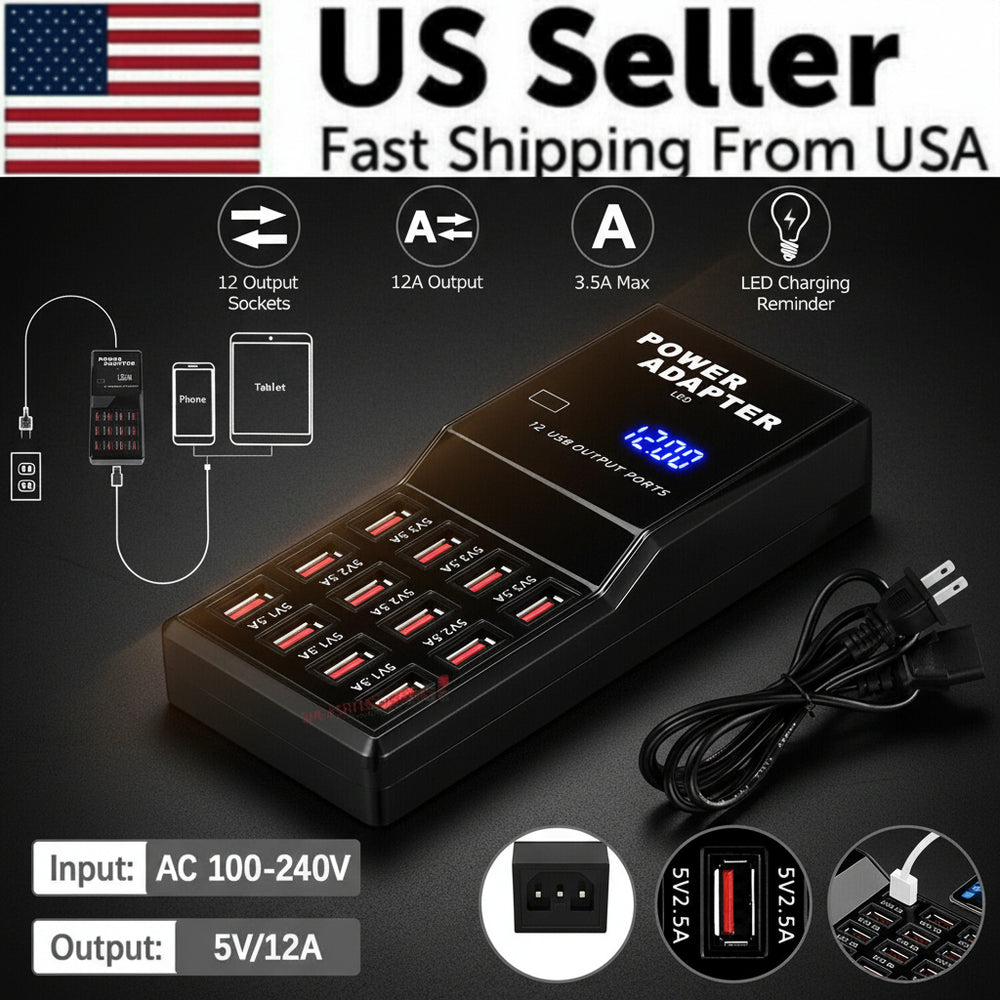 Multi 12 Port USB Charging Station Hub Desktop Wall Cell Phone Charger Organizer