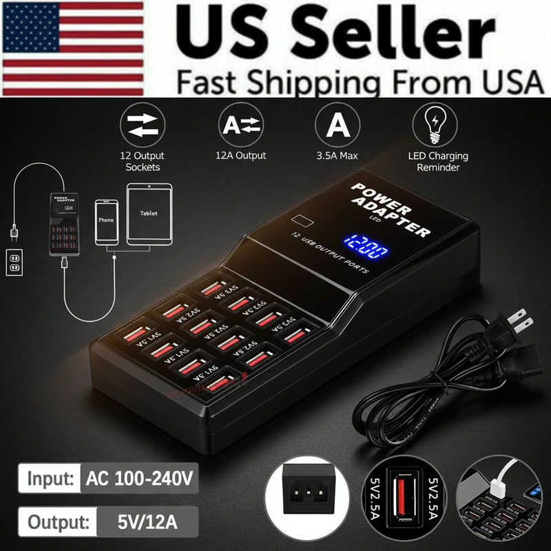 Multi 12 Port USB Charging Station Hub Desktop Wall Cell Phone Charger Organizer