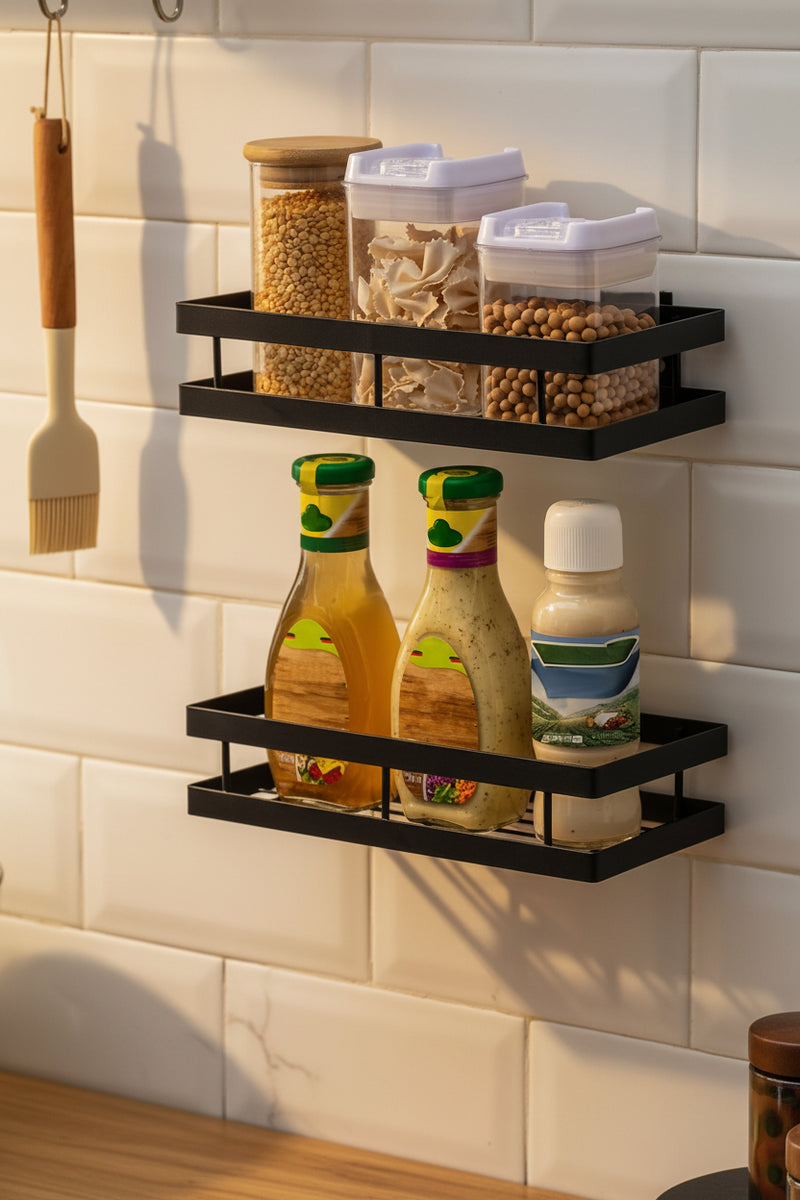 Metal Spice Rack Wall Mount Floating Shelves 2 Pack Black Storage organizer for Cabinet Door Pantry Kitchen Bathroom Supplies (13.7inches length)