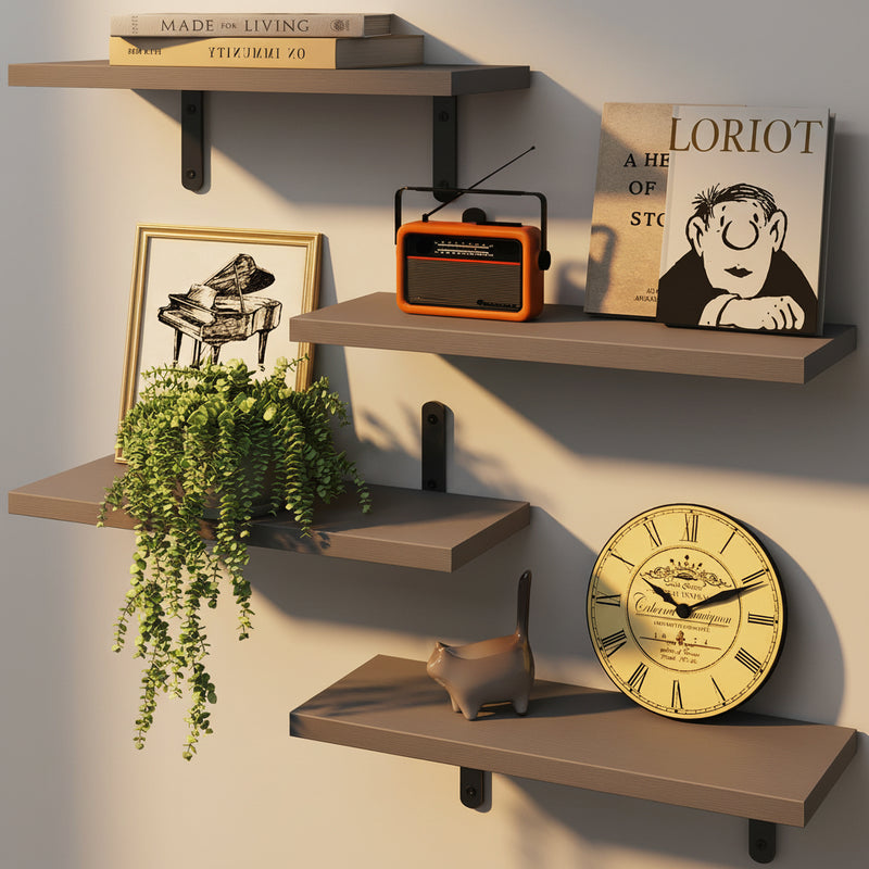 Fixwal Grey Floating Shelves for Wall 4 Sets Wood Shelves Farmhouse Wall Shelf Wall Mounted Floating Shelves for Bedroom Decor Bathroom Storage Book Shelf for Wall - Grey